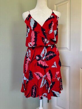 Express Red Tropical Leaf Print Sleeveless Ruffled Wrap Dress Size XL